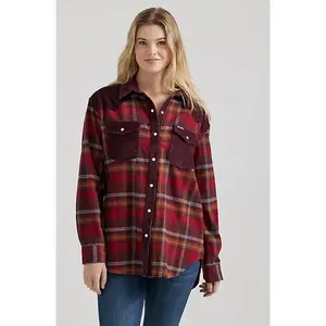 Wrangler Retro Women's Red Plaid Flannel Corduroy Contrast Snap Long Sleeve Western Shirt 112356643