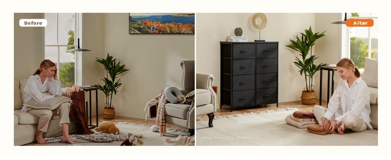 8-Drawer Fabric Storage Tower Dresser - Tall Organizer with Steel Frame, Wood Top, Chest of Drawers with Bins for Bedroom, Closet, Entryway Storage