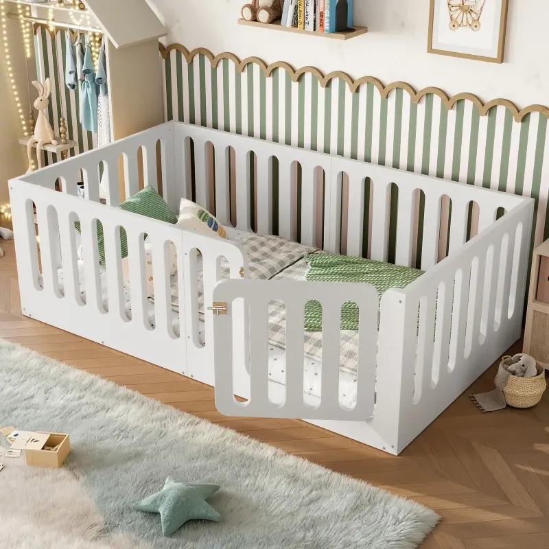 Twin Size Floor Bed, Solid Wood Low Profile with Door, Montessori Design, No Box Spring Needed, for Bedroom, White
