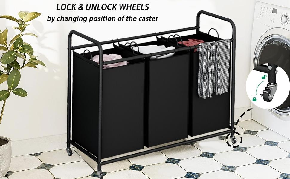 3-Bag Laundry Basket Sorter Laundry Hamper Cart with Heavy Duty Rolling Lockable Wheels and Removable Bags