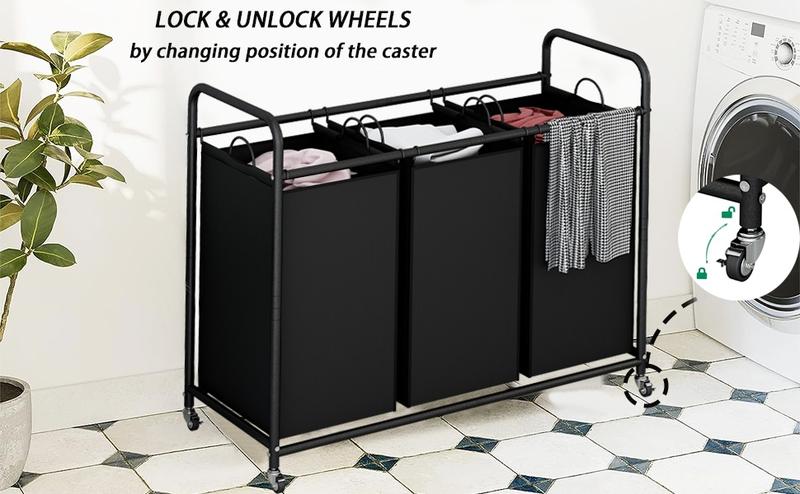 3-Bag Laundry Basket Sorter Laundry Hamper Cart with Heavy Duty Rolling Lockable Wheels and Removable Bags 3-Bag Laundry Basket Sorter Laundry Hamper Cart with Heavy Duty Rolling Lockable Wheels and Removable Bags
