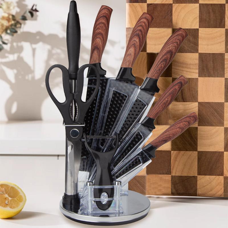 9-Piece Kitchen Knife Set - Black Chef Knife Set with Sharp Blades, Non-Stick Stainless Steel Cooking Knives Set, Ergonomic Wood Grain Handle, Aesthetic Kitchen Knives,Meat Knife Block