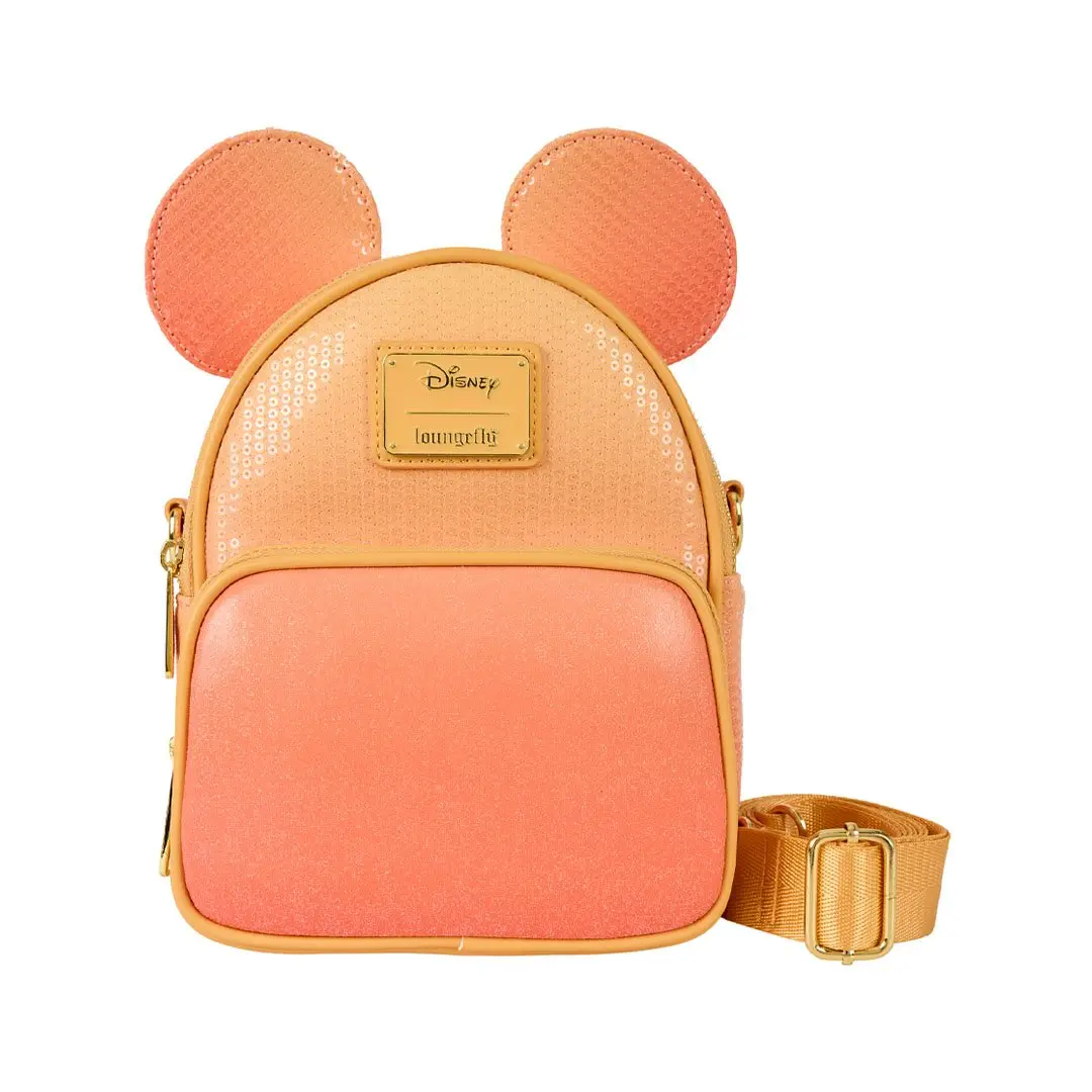 Loungefly Disney Mickey Mouse Faux Leather Convertible Mini Backpack-Crossbody Bag with Sunset Ombre Sequin, Glitter Detail