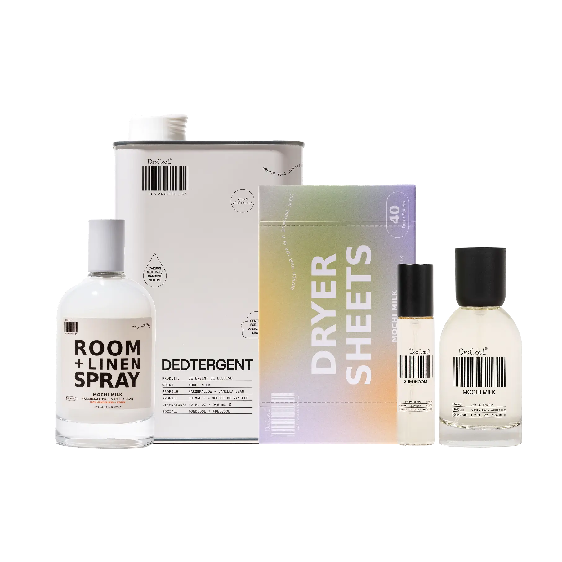 DedCool Almost Everything Set in Mochi Milk - Room & Linen Spray, Dedtergent, Dryer Sheets, Travel Spray & Full Size Fragrance