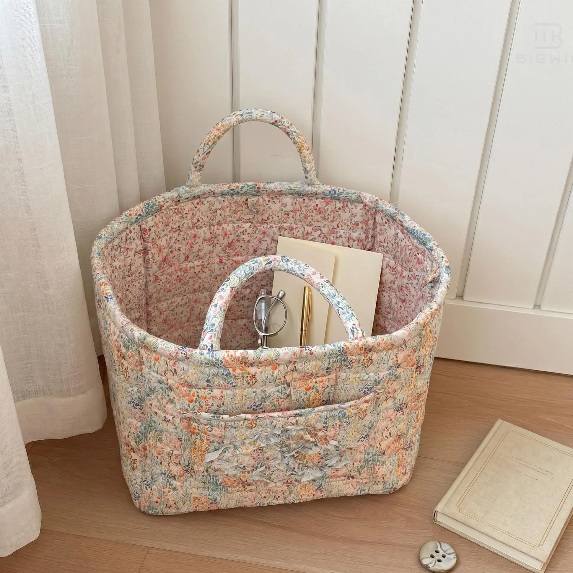 Quilted Tote Bag for Women, Cute Retro Floral Print Padded Cotton Basket, Large Capacity Organizer for Shopping Trips & Car Accessories, Quilted Texture, Retro Cute, Soft Cotton, Foldable, High-Capacity, Lightweight, Holiday, Multi-Function, Quilted Tote
