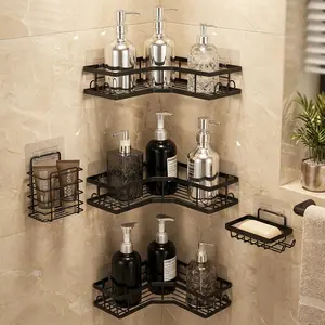 Caddy Shower Storage 5-Piece Set Self-Adhesive Stainless Steel Shelf No Drilling Required Rust-Resistant Bathroom Decor Accessories Pink Shampoo Body Wash Basket Large Capacity Hollow Round Design