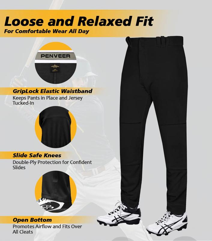 Penveer Full Length Men's Baseball Pants, Open Bottom, Loose Fit Adult Baseball Pants with Adjustable Length (Black) Athletic Tracksuit Soft Jogger Trousers