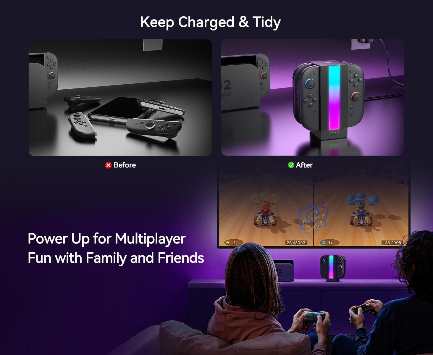 JSAUX EnergyFlow Charging Dock for Nintendo Switch 2 JoyCon Controllers, 4-in-1 RGB Magnetic Charger Station LED Indicator, Switch2 JoyCon Accessories with 5FT USB C Cable