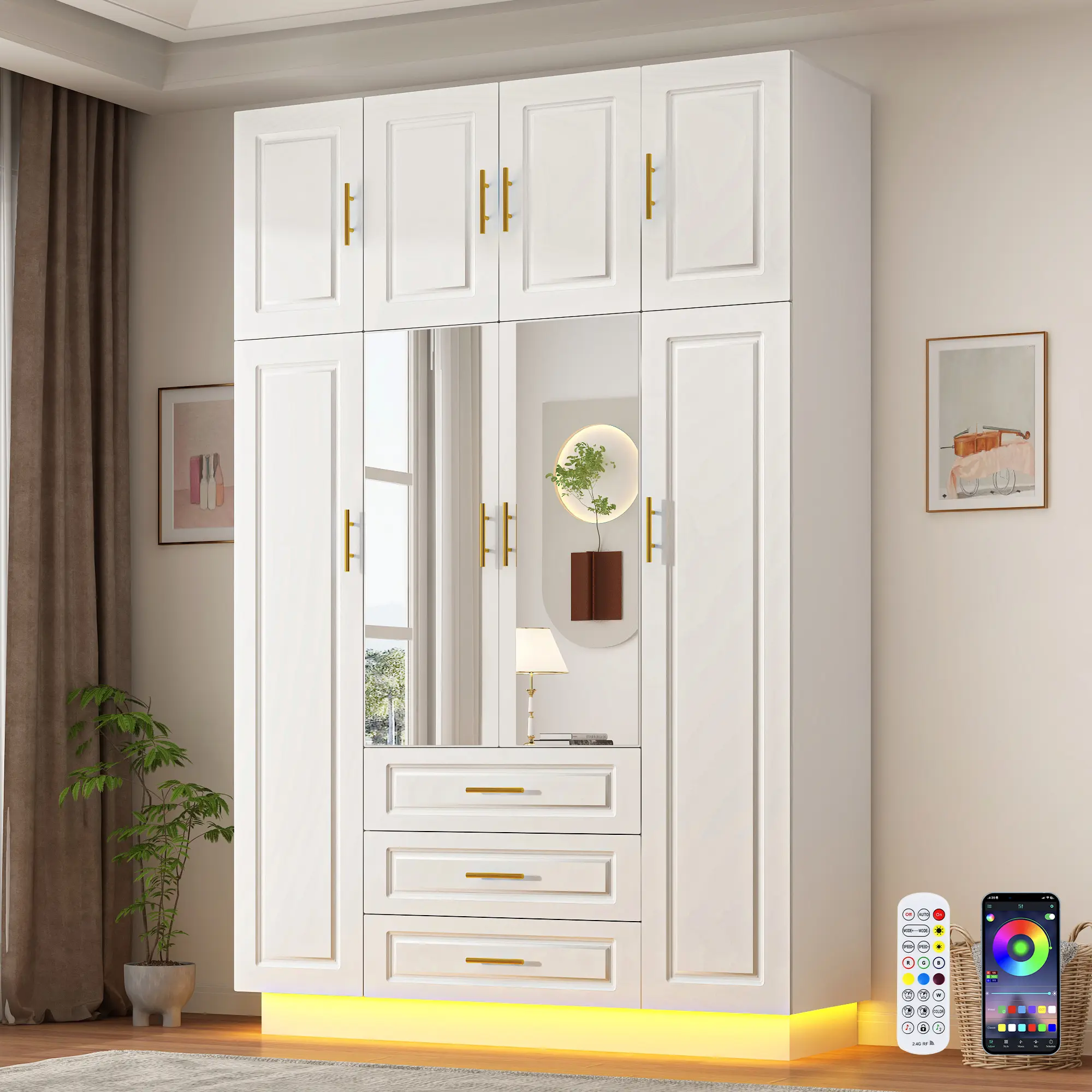 Large Armoire Wardrobe Closet Cabinet with Drawers and LED Lights, Multi-Tier Shelves, Hanging Rod, Large Capacity Storage 3Door/4 Door Wardrobe Armoire with Top Cabinet for Bedroom, White/Black