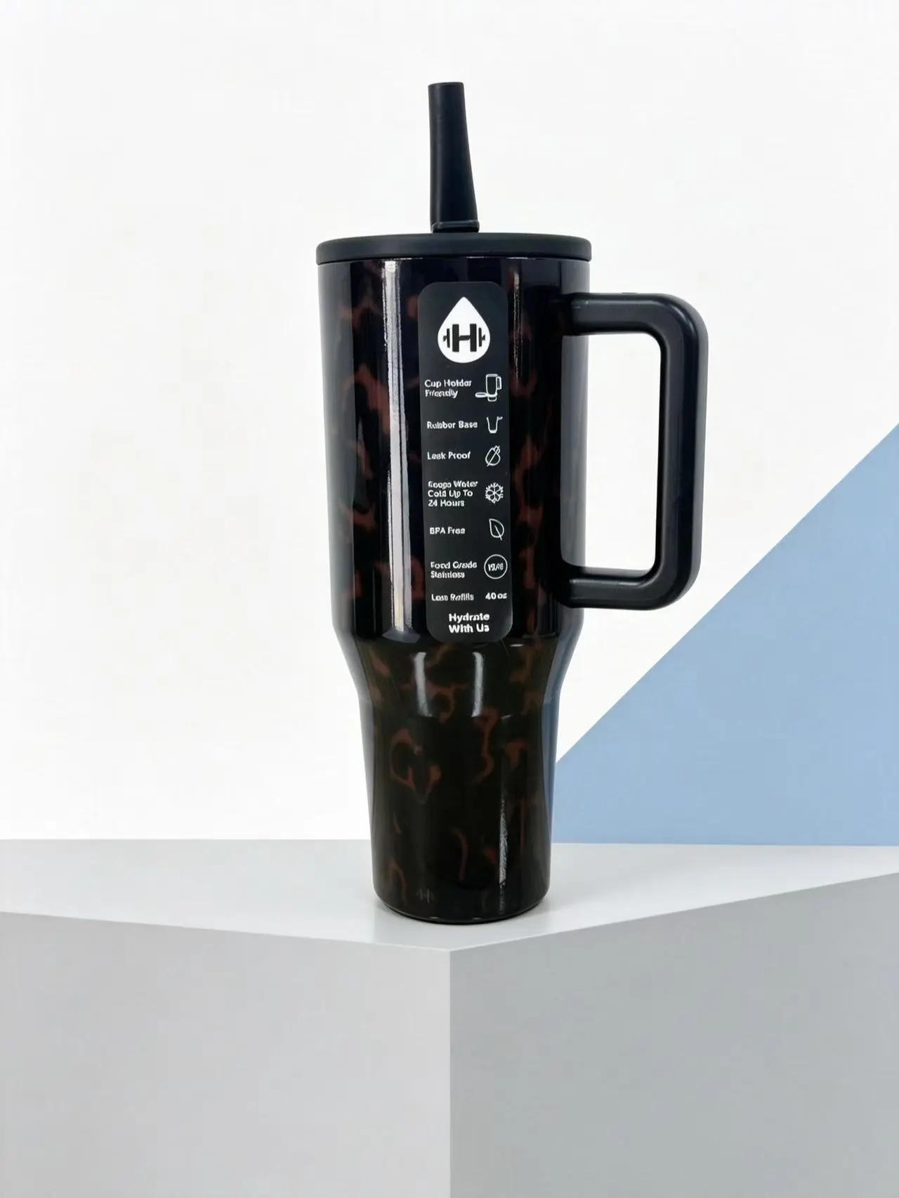 HydroJug 40oz (1000-2000ml) Modern Tortoise Shell Insulated Stainless Steel Tumbler - Adult Leakproof Heat-Resistant Anti-Scalding Water Bottle Flask with Ergonomic Handle, Flip Straw Lid, Compact Size Kitchenware Drinkware