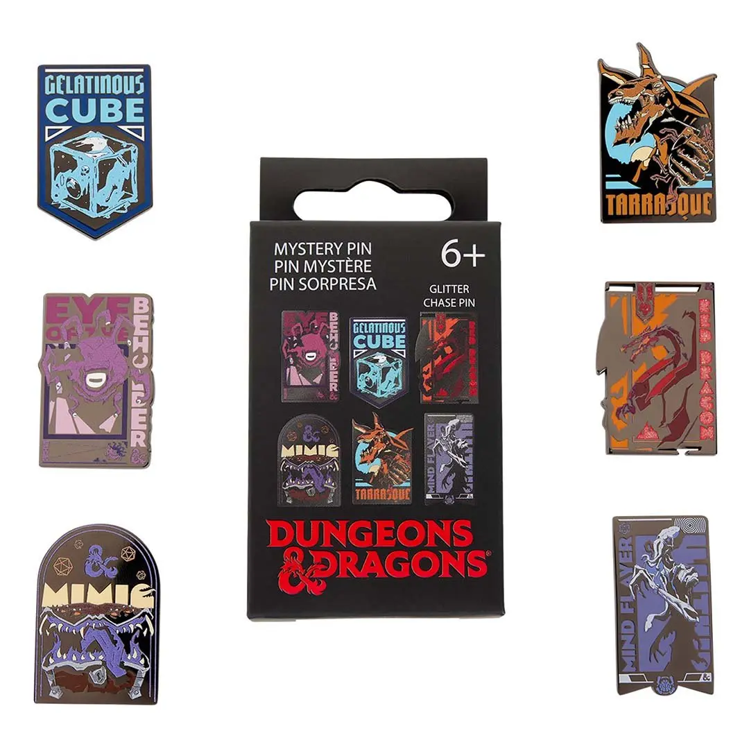 Loungefly Hasbro Dungeons & Dragons Collectible Enamel Mystery Pin Set Featuring Mind Flayer & Glitter Chase, Mystery Pins, Gelatinous Cube, Eye Of The Beholder, Tarrasque, Mimic, Casual Wear, Six Pieces