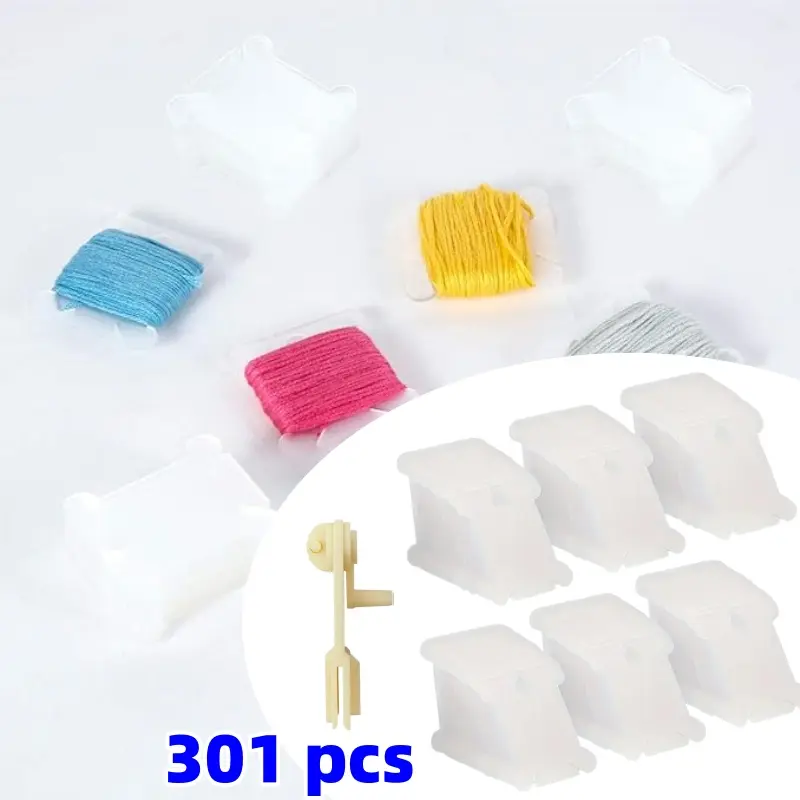 300 Pcs Durable Lightweight Transparent Plastic Bobbins (1.4" Width, 1.5" Length) with 1 Pcs 3.5" Hand Crank Floss Winder, Sewing Tool Kit for Bracelet Making & Craft Enthusiasts, Needlework Supplies