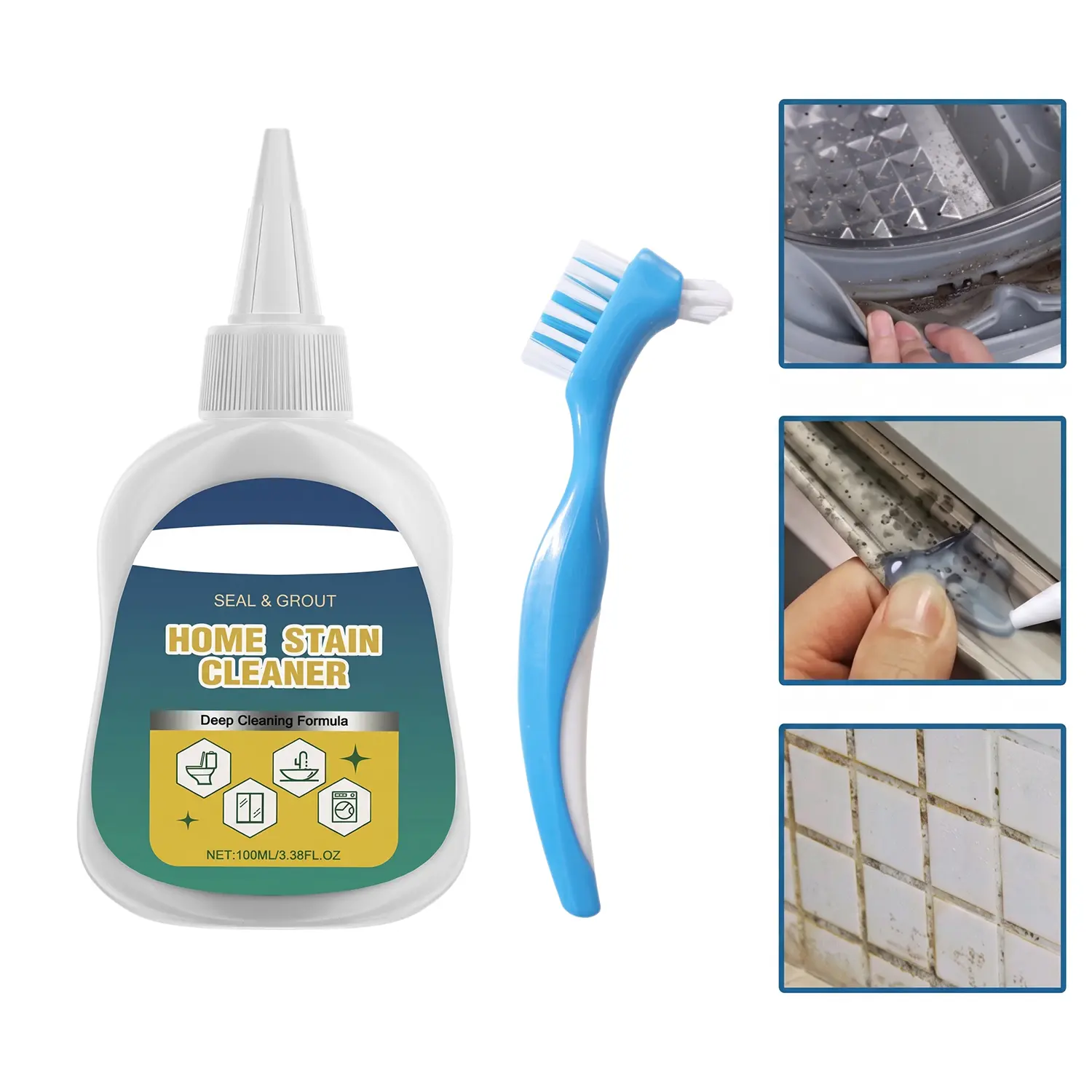 Heavy Duty Mold & Mildew Stain Remover Gel with Scrub Brush, 7 Fl Oz Household Cleaning Gel for Bathroom, Shower Caulk, Tile Grout, Washer Gasket, Sink & Kitchen Cleaning