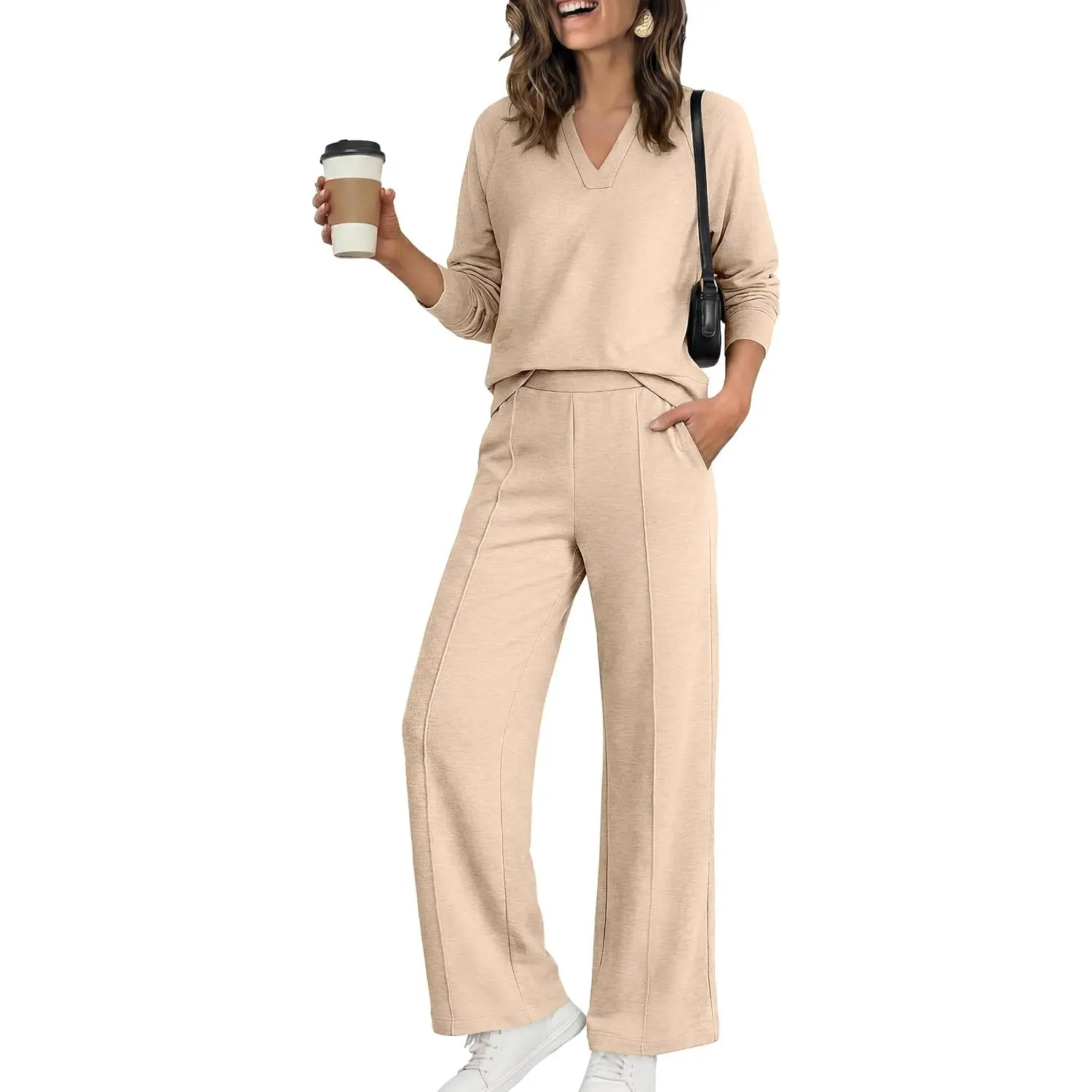 ANRABESS Women's 2 Piece Outfits V Neck Lounge Set | Raglan Long Sleeve Top & Wide Leg Pants, Loose Comfy Wrinkle-Free Matching Set, Daily Travel Wear, Fall Winter Clothes