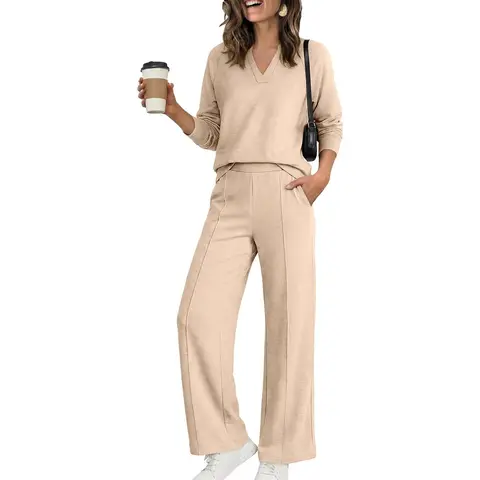 ANRABESS Women's 2 Piece Outfits V Neck Lounge Set | Raglan Long Sleeve Top & Wide Leg Pants, Loose Comfy Wrinkle-Free Matching Set, Daily Travel Wear, Fall Winter Clothes