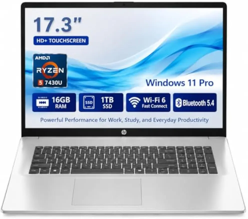 HP 17 Inch Touchscreen Laptop, AMD Ryzen 5 7430U,16GB RAM 1TB SSD | Touchscreen, Anti-Glare Coating, Wi-Fi 6 Fast Connect, Bluetooth 5.4,Windows 11 Pro,for Business & Student