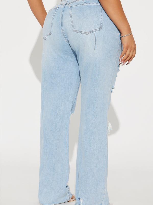 Posted Stretch Ripped Straight Leg Jeans - Light Wash