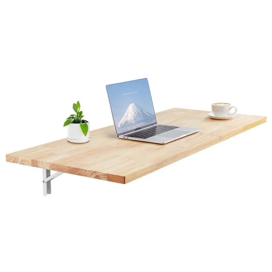 VEVOR Wall-Mount Folding Wood Table, 47.2x19.7in Bracket-Mount Floating Desk with Iron Bracket, Space-Saving Bar Table for Home Office, Kitchen