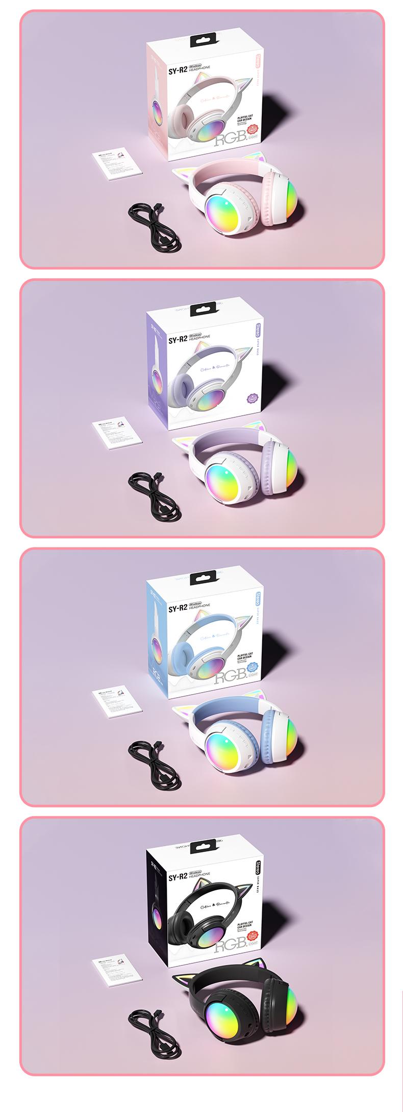 Wireless Bluetooth cat ear headphones with LED lights, foldable, over-ear design, built-in microphone, long battery life, suitable for mobile phones, tablets, iPads, and laptops. A cute gift for children, teenagers, and adults.