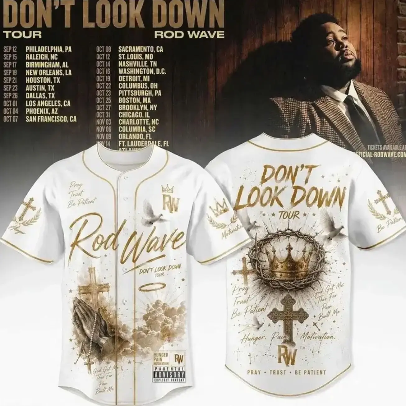 Rod Wave Don’t Look Down Tour 2026 Baseball Jersey, Hip Hop Concert Graphic Shirt, Music Fan Apparel, Button Up Sports Jersey, Streetwear Outfit, Gift for Fans