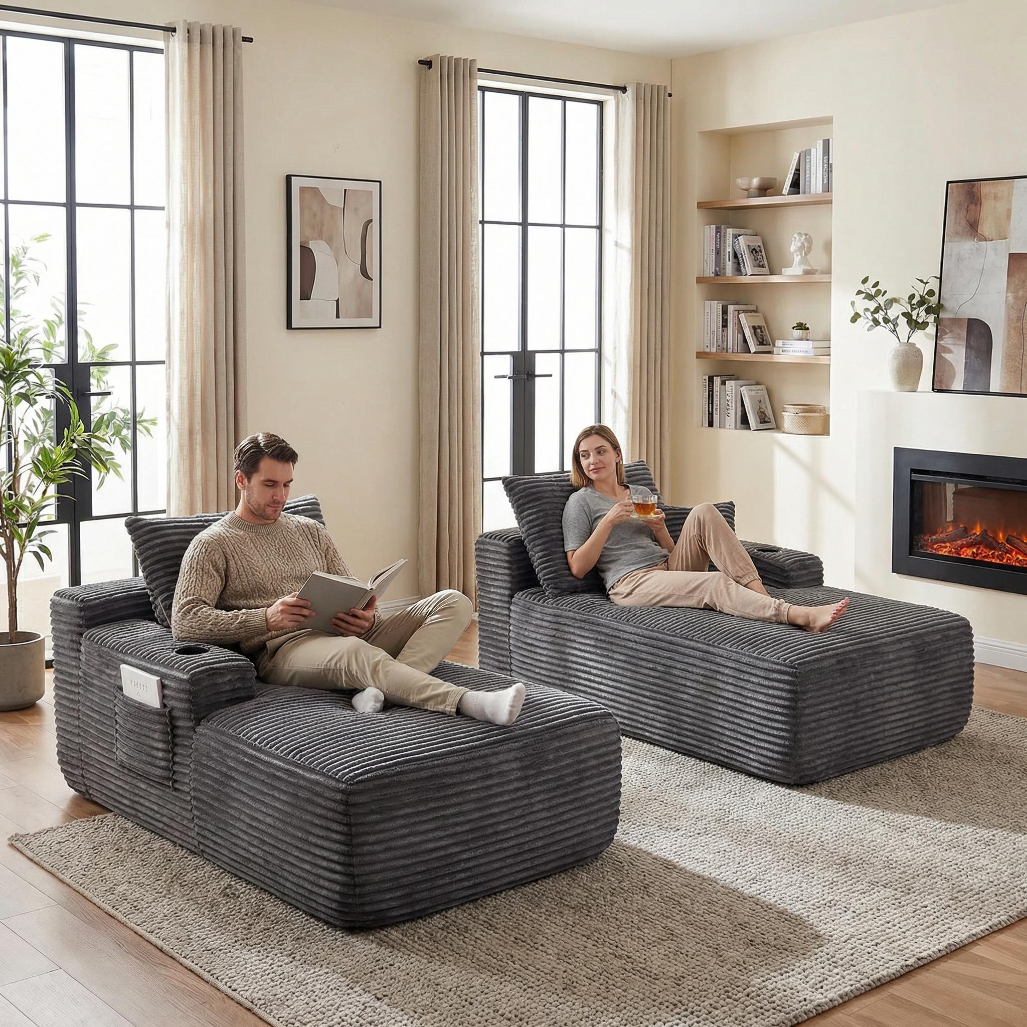 YOMSUM 69" Cloud Sectional Couch L-Shape Chaise with R-Shape Chaise Deep Seat Comfortable 2 Seater Plush Fabric Black,Chaise Lounge,No Assembly Required,Boneless Sofa Bed，With Side Pockets And Cup Holders