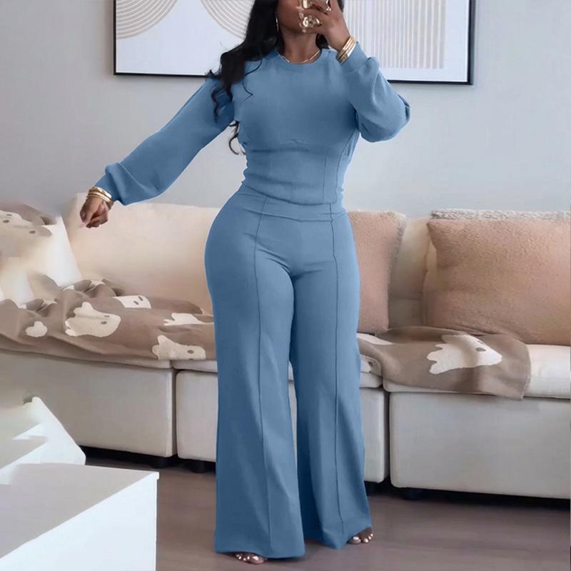 ChicMe Women's 2 Pieces Outfit O-neck Long Sleeve Cinched Waist Sweatshirt and Elastic Waist Wide Leg Pants Set Casual Seam Design Sweatpants Set