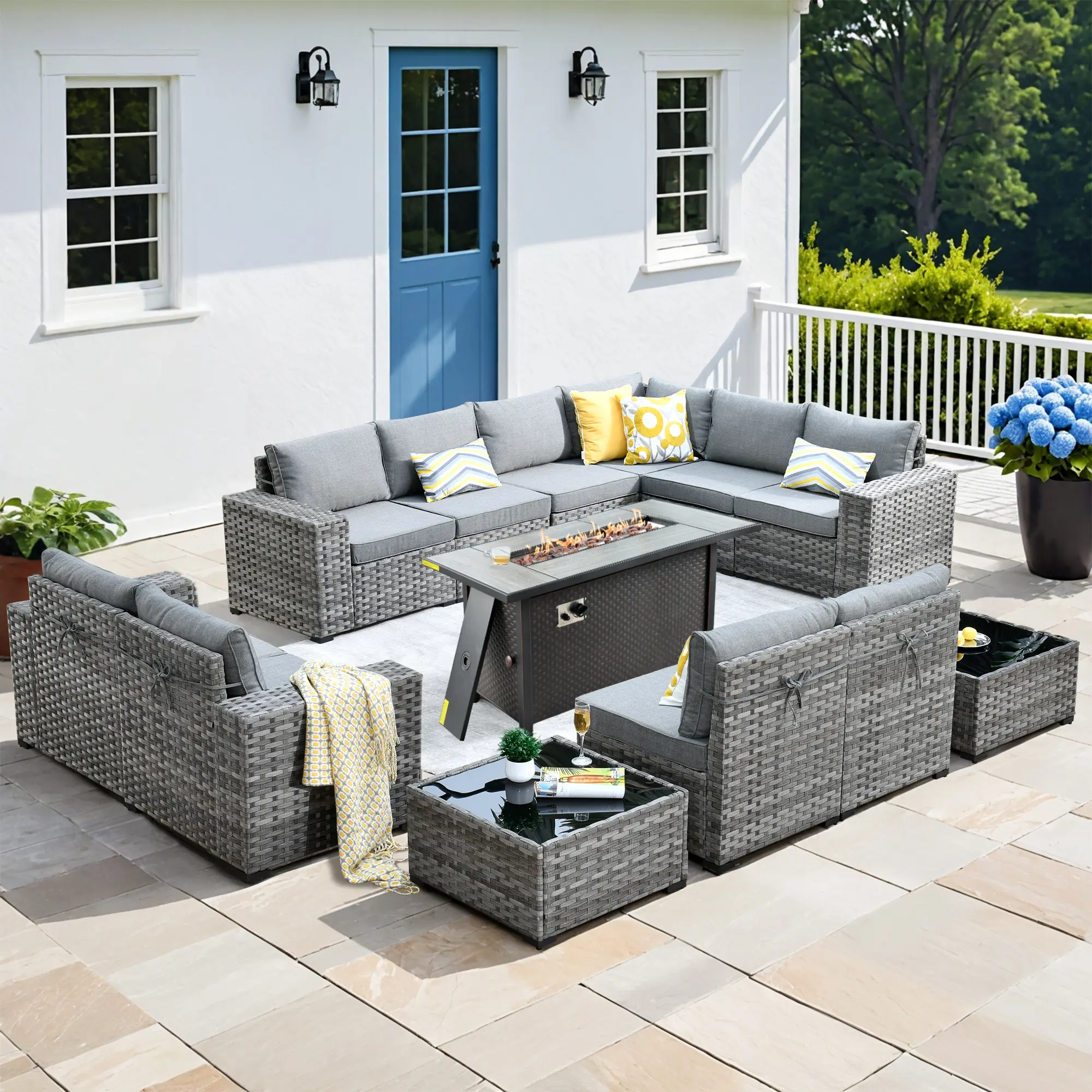 【Summerfinds】OVIOS 13-Piece Patio Furniture Set with 54" Fire Pit Table & Extra-Wide Armrests, All-Weather PE Wicker Sectional Sofa Set with Cushions for Backyard Patio Deck Porch