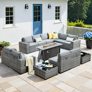 OVIOS 13-Piece Outdoor Patio Furniture Set with 54" Fire Pit Table, Wicker Sectional Sofa with Wide Armrests, Conversation Set with Cushions for Backyard Patio Porch Deck Garden Balcony OutdoorSeating