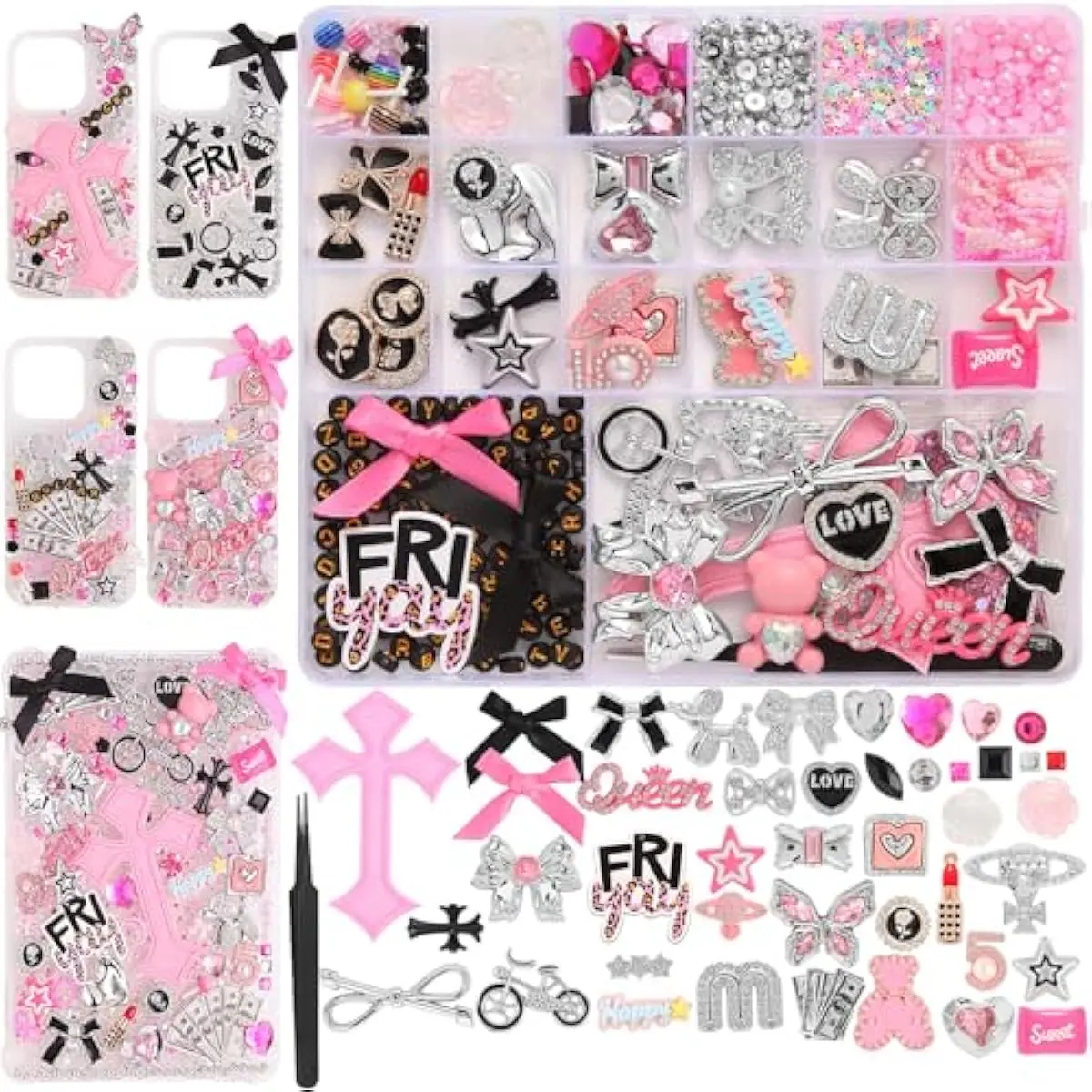 2380 Pcs Junk Phone Case Charms Kit, Charms for Customizing DIY Cases, with Nail Accessories, Cute Bow, Star, Candy, Letter Beads, Flatback Aesthetic Big Decor Valentine's Day Gift