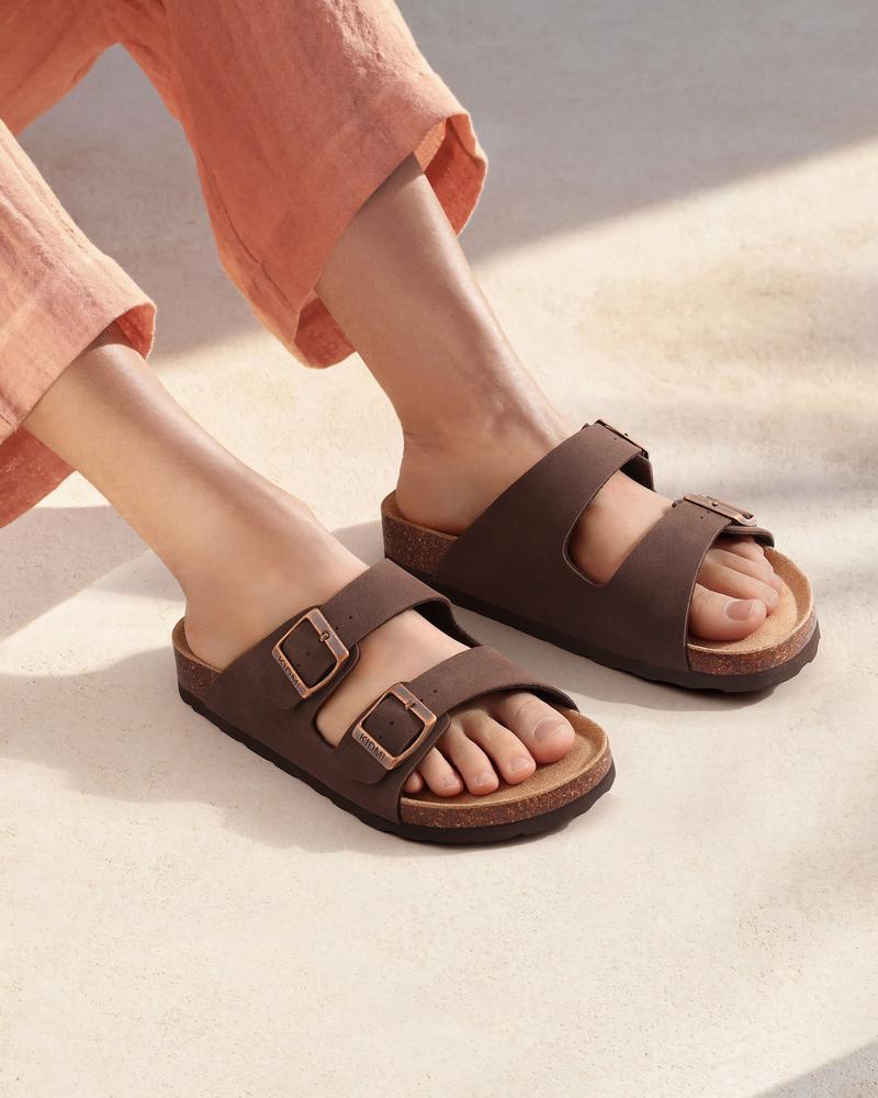 KIDMI Women Men Flat Sandals Cork Footbed Sandals With Support Arch Summer Beach Sandals Vacation Nonslip Men Sandals With Adjustable Buckle Straps Open Toe Slides Wtih Double Buckle Size 6-14