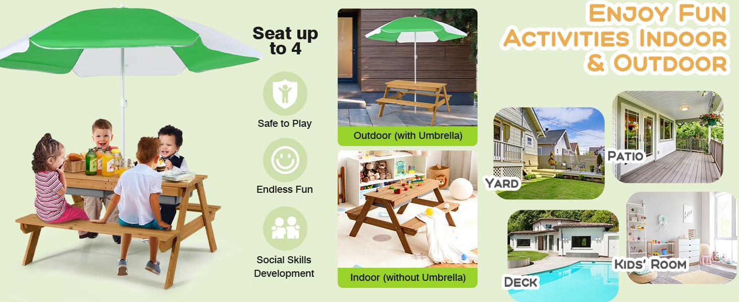 Costzon Kids Picnic Table w/Height Adjustable Umbrella,Indoor & Outdoor, Sand & Water Table for Garden, Backyard, Patio, dealsforyou Costzon Kids Picnic Table w/Height Adjustable Umbrella,Indoor & Outdoor, Sand & Water Table for Garden, Backyard, Patio, dealsforyou