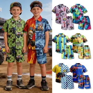 Monster Truck Outfit For 3-14T Boys Girls Perfect Birthday Gifts Ideas With 17 Different Patterns Available Monster Truck Shirt and Shorts Set, 2-Piece Summer Outfit, Short Sleeve Button Down Hawaiian Shirt Kids Casual Beachwear