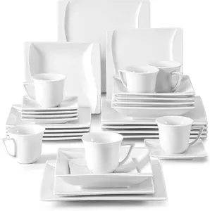 MALACASA Ivory White Dinnerware Sets, 30-Piece Porcelain Square Dinnerware Set, Plates and Bowls, Mugs and Saucers, Dishes Plates Set for Salad Pasta and Dessert, Dinnerware Set for 6, Series Carina Cutlery Tableware
