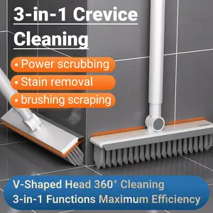 3 in 1 Scrub Cleaning Brush Deck Scrubber with Long Handle for Outside Patio Bathroom Shower Scrub Brush Push Broom Outdoor Carpet Mop for Kitchen Tile Floor Garage Window Squeegee