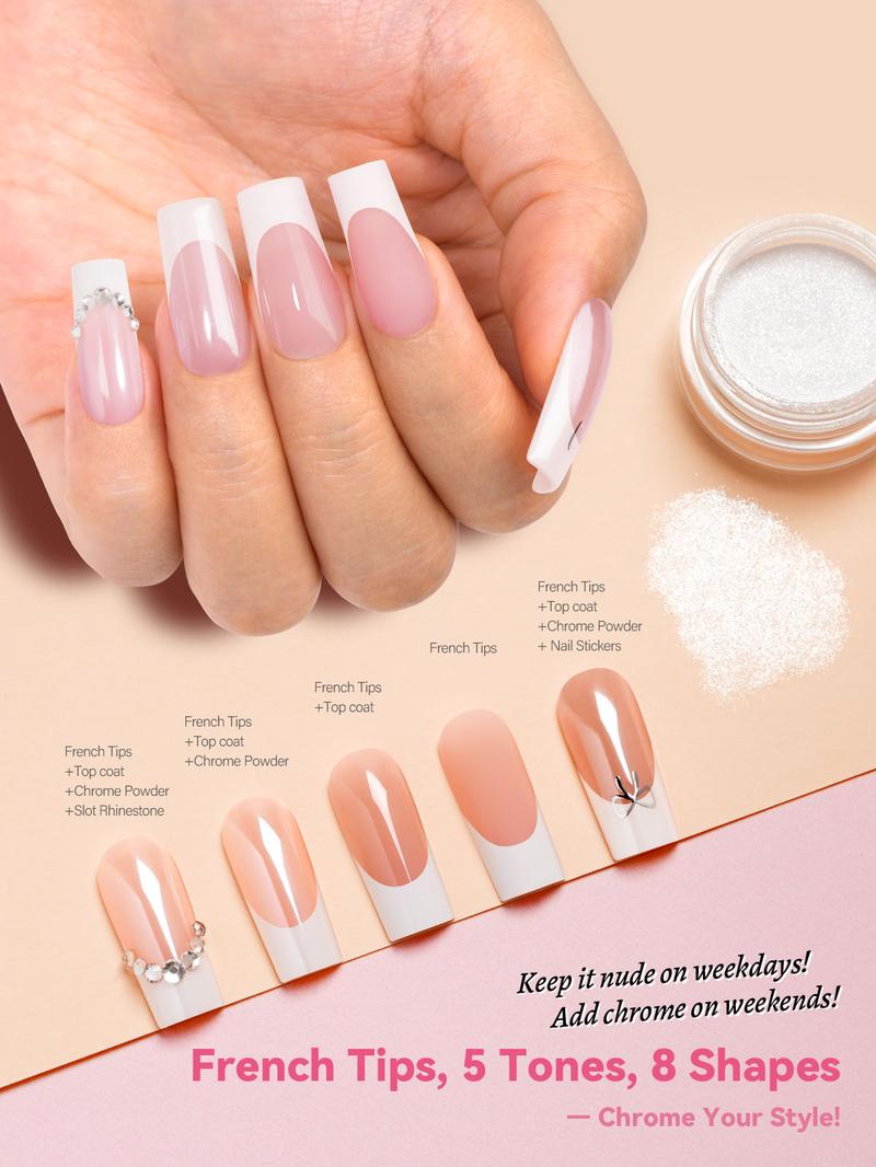 AILLSA Cozy French Press-On Kit with Chrome Powder, 5 Base Colors, 30g Hold Strong Solid Gel Glue, Square Natural-Fit gelx Tips, Gentle DIY Press-On Fake Nails Set for Fall Tiktokshopblackfriday