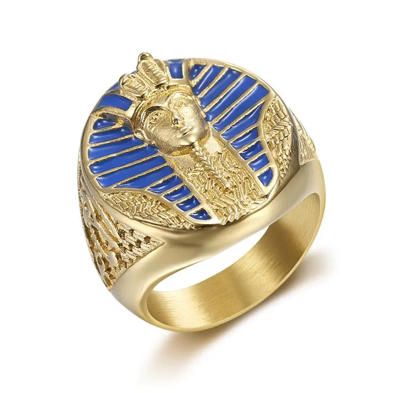 Men’s Stainless Steel Ring with Egyptian Pharaoh, Eye of Horus and Ankh ...