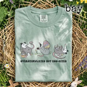Overstimulated But Egg-Cited Opossum Easter Shirt, Funny Easter Egg Hunt Tee, Cute Opossum Meme Shirt, Easter Animal Graphic Tee.