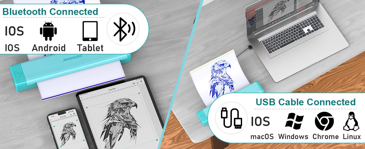 PADIEOE Wireless Bluetooth Tattoo Stencil Printer with 2000mAh Battery Portable Thermal Copier Machine Compatible with Smartphones & PC Cordless