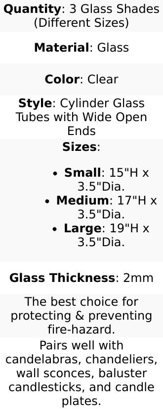 Set of 3 Clear Glass Hurricane Candle Sleeves 3.5" Wide - Chic Pillar Candle Shades Holder Table Centerpiece 15", 17", 19" Set of 3 Clear Glass Hurricane Candle Sleeves 3.5" Wide - Chic Pillar Candle Shades Holder Table Centerpiece 15", 17", 19"