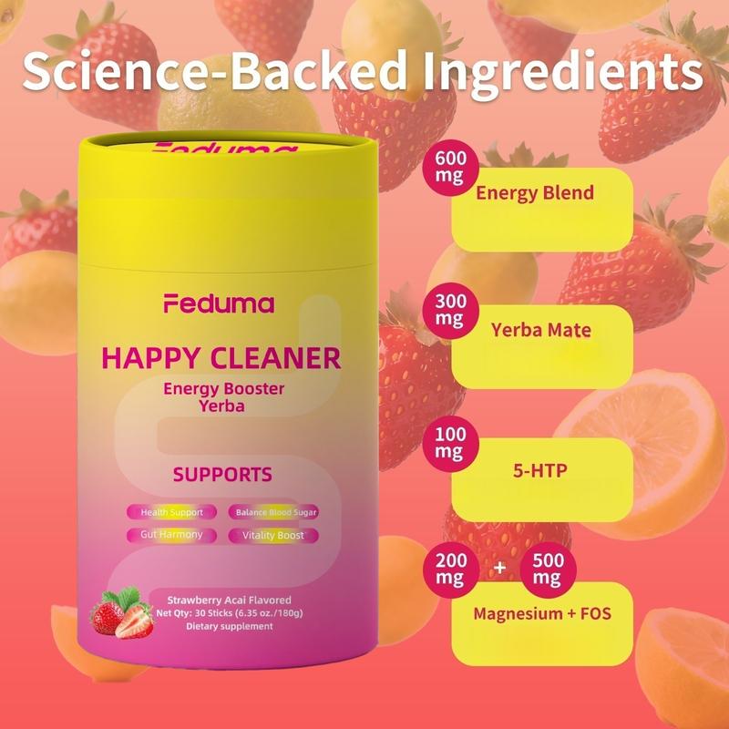 Feduma Happy Cleaner Drink Mix  -  Berberine, Chromium, 5-HTP, Yerba Mate & Magnesium , Strawberry Acai Flavor,30 Servings