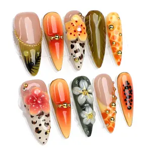 PG31 Reusable Eco Almond Shape Press-On Nails, Luxury Handmade Designer Nails with Papaya & Leopard Print, 3D Hibiscus, Vegan Safe for Daily Wear