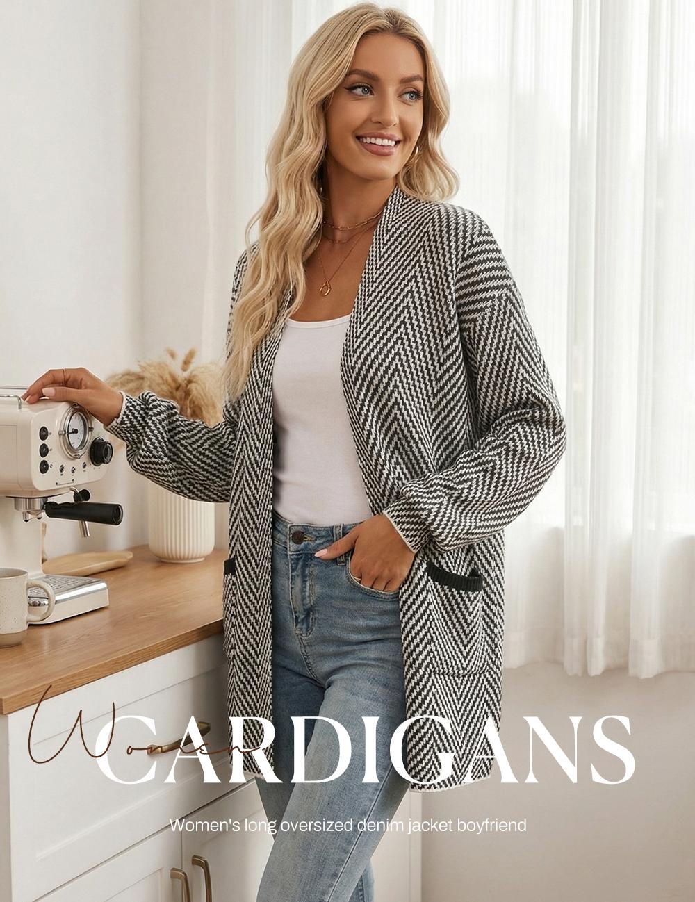 Sidefeel Women's Open Front Herringbone Cardigan Sweaters | Soft Chunky Knit, Long Sleeve Colorblock Cardigans, Oversized Sweater Coat with Pockets, 2026 Fall Outfits, Casual Daily Wear
