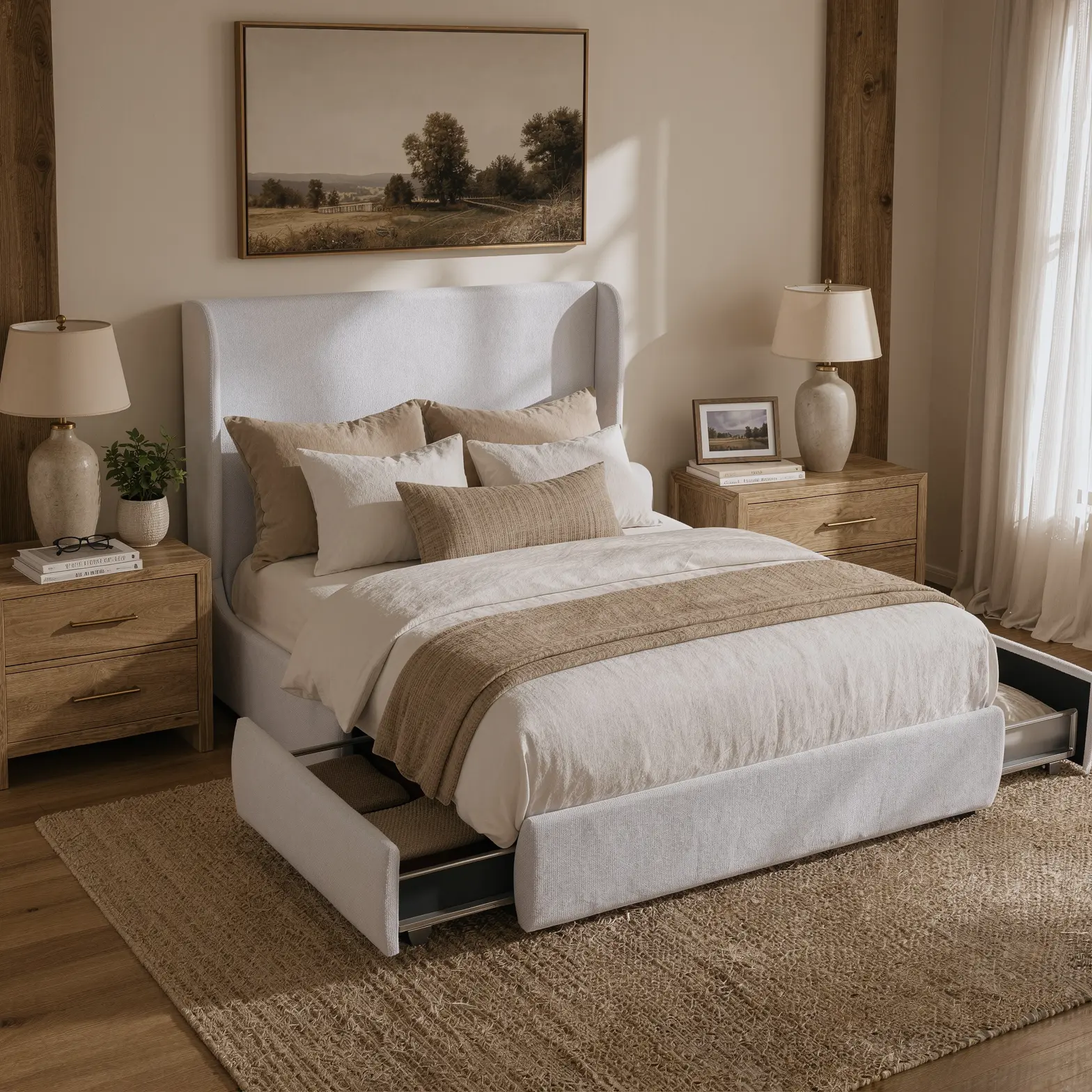 RECCI Wingback Bed Frame with 2 Storage Drawers, 52” Tall Headboard, Upholstered Platform Bed, Heavy Duty, No Box Spring Needed, Bed Frames, Queen Bed Frame,dorm essentials,home decor