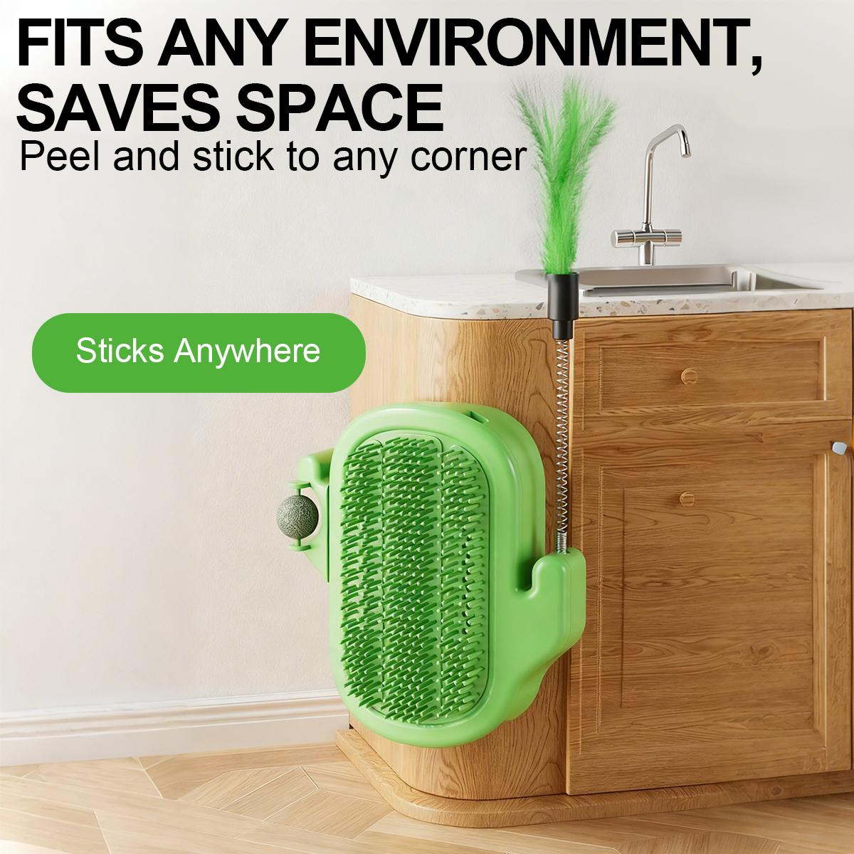 Cat groomer mounted on cabinet corner