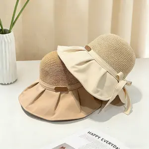 Women's leather label bow fisherman hat, large brim breathable sunshade woven hat, pleated sunshade hat, suitable for beach, daily travel and vacation