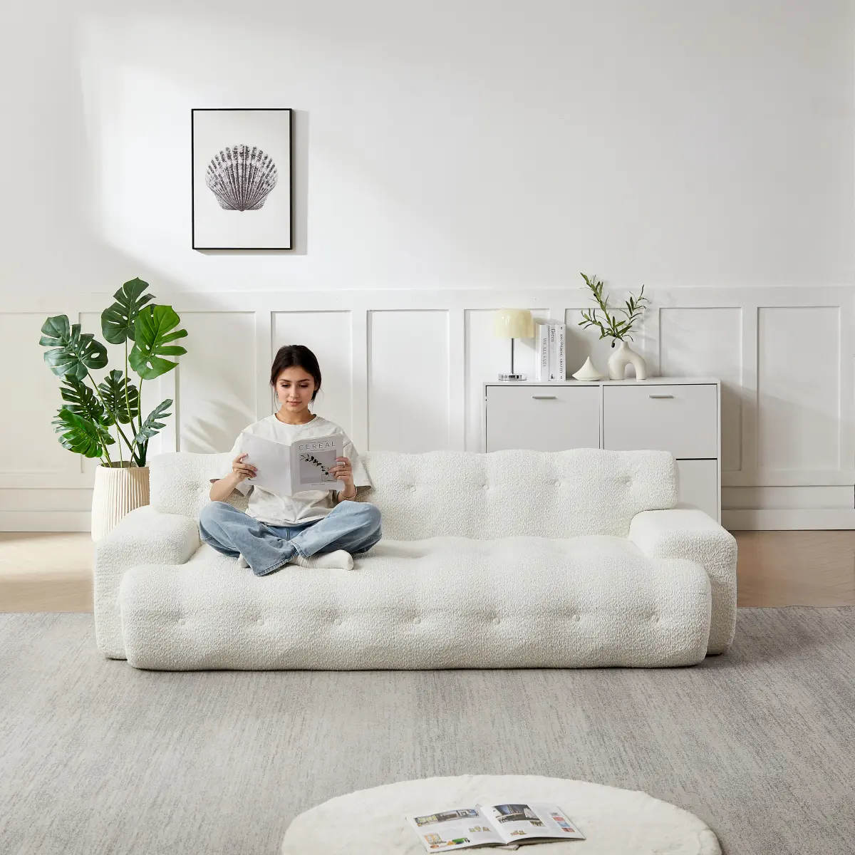 87.4-inch Cloud Series Minimalist Button-Tufted Square Arm Three-Seater Sofa, Chenille Sofa, Comfortable Upholstered Sofa with Button-Tufted Design, Snow White