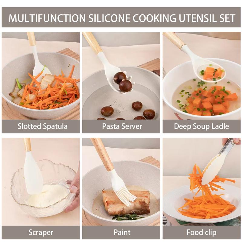 19PCS Silicone Kitchen Utensils Set with Knife Set, 5-Piece Knives + Utensil Holder, Heat Resistant Cooking Tools, Nonstick Safe Wooden Handle Kitchen Gadget Set, Spatula Turner Tongs Whisk Ladle for Home Cooking