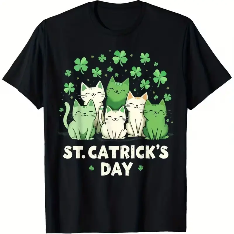 St Catricks Day Cute Cats Shamrock Graphic T Shirt Fun Whimsical Design for Cat Lovers St Patrick Day Celebration Apparel