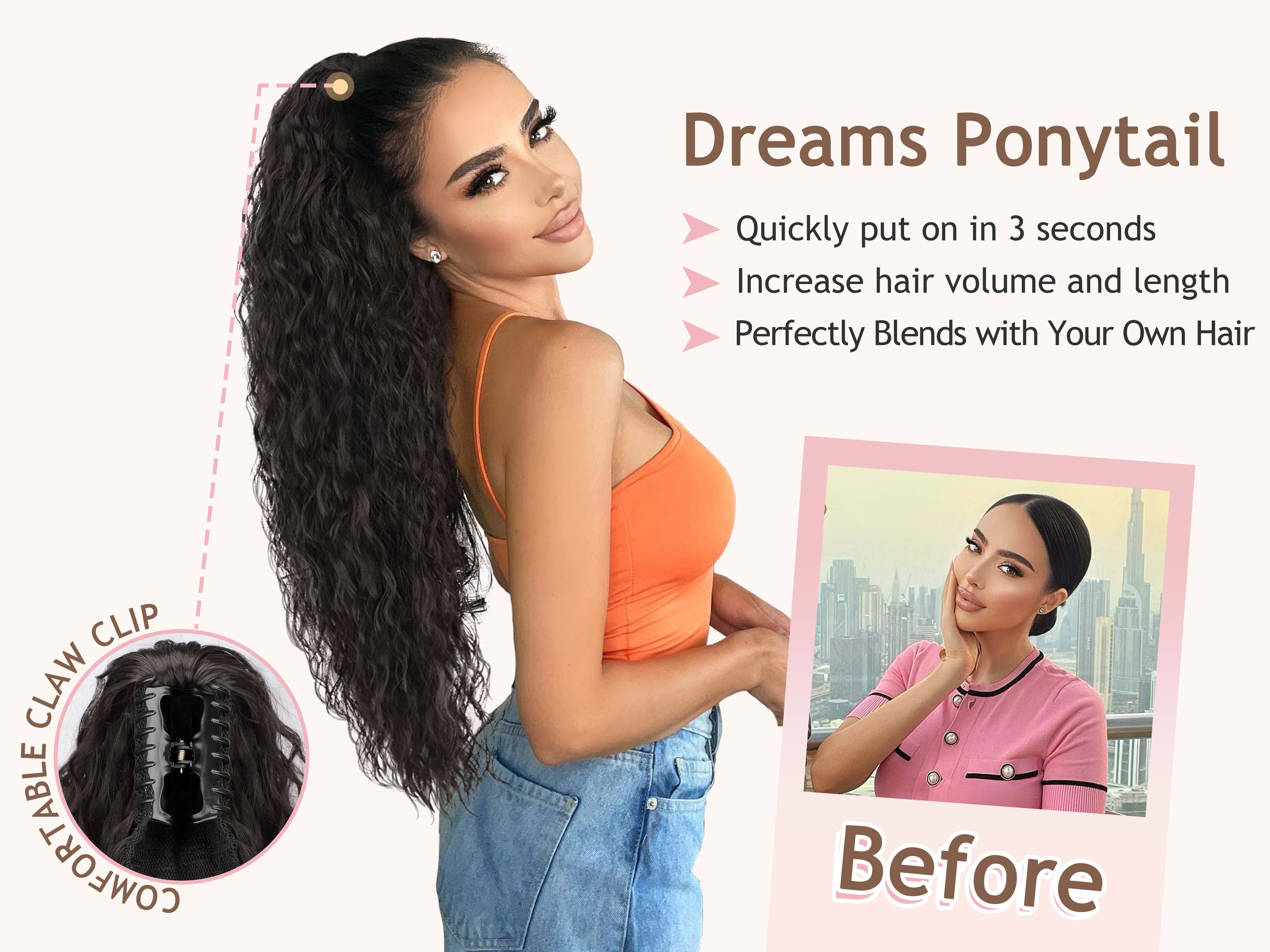 ORSUNCER Hair Extension Claw Ponytail Long Wavy Ponytail Extension Black Brown 30 Inch Curly Clip Ponytail in Hair Extensions For Women Fluffy Natural Looking Synthetic Hairpiece for Daily Use Easy To Go
