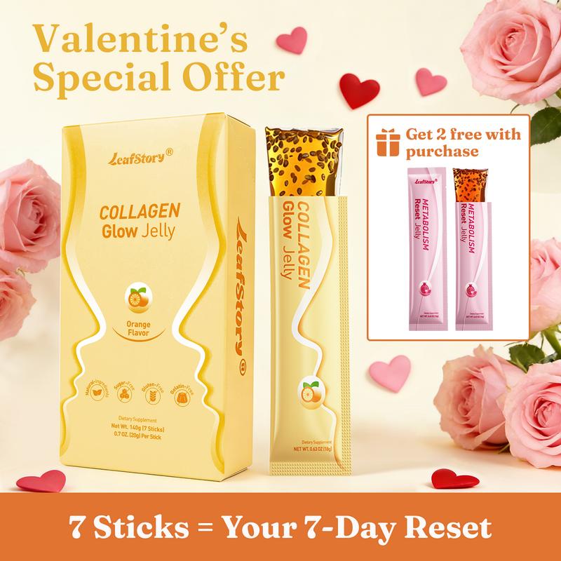 【$9.9 Only】LeafStory Collagen Glow Reset Jelly (7 Sticks): Orange Flavor, Collagen, Chia Seeds, Support Skin Health & Elasticity, Support Hair & Nails, Stress Relief & Nerve Health, Sugar-Free, Gluten-Free, Non-GMO, Gelatin-Free, Natural Ingredients